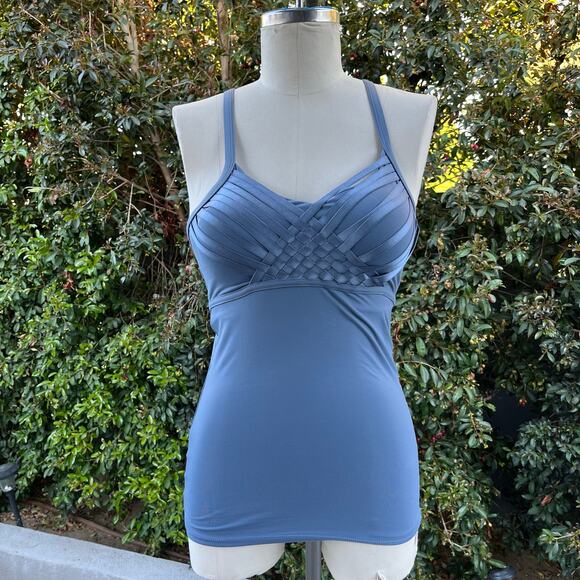 Lorna Jane Woven Front Blue Active Padded Tank Top - Picture 1 of 6